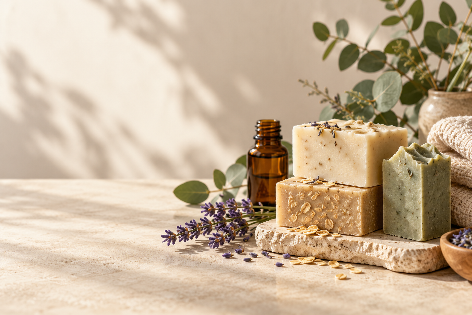 Handcrafted organic soap bars with an amber essential oil bottle, lavender, eucalyptus, and a linen towel